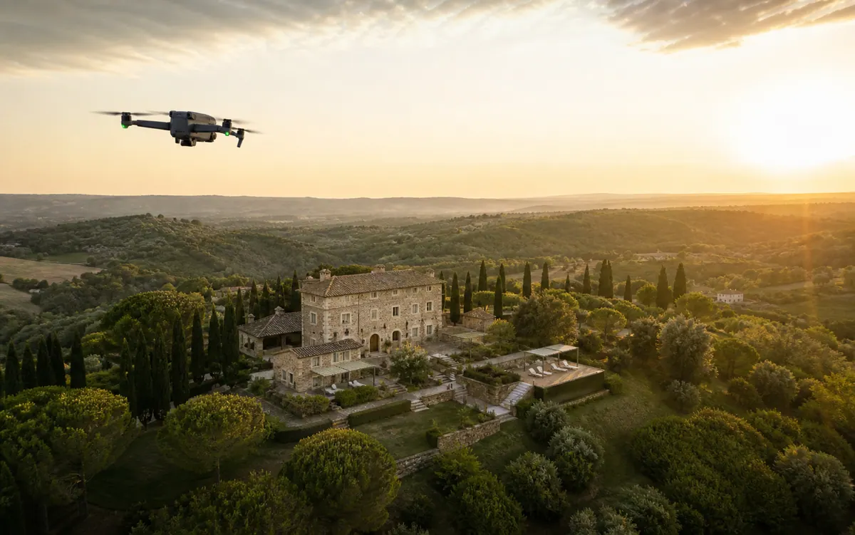 Ripresa aerea con drone di una villa nel territorio romano al tramonto