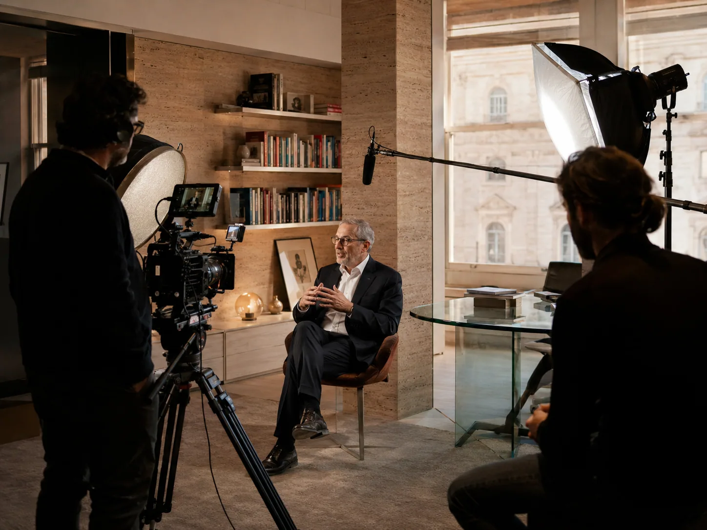 Set per un video aziendale con camera, microfono e luci professionali in un ufficio a Roma